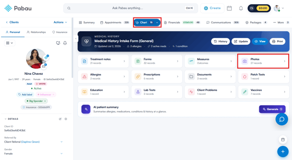 Photos section opened from the EMR overview in the new client card