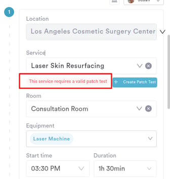 Booking warning shown when the client has no patch test recorded