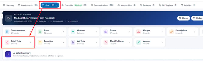 Patch Tests card in the EMR section of the new Client Card