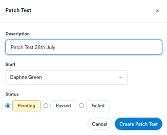 Create Patch Test modal with Description, Staff and Status fields