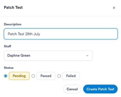 Create Patch Test modal with Description, Staff and Status fields