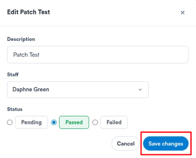 Edit Patch Test modal with description, staff and status fields