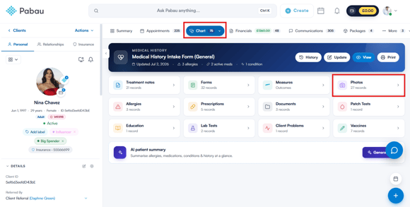 Photos section opened from the EMR overview in the new client card