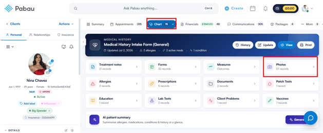 Photos section opened from the EMR overview in the new client card