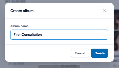 Create album window with the album name field and Create button