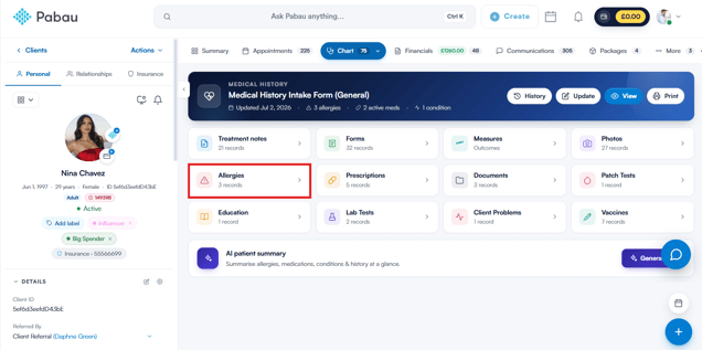 Allergies card on the EMR overview of the new Client Card
