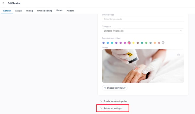Advanced settings at the bottom of the General tab of a service