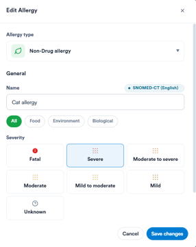 Edit Allergy window with the recorded details pre-filled