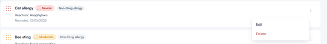 Three-dot menu on an allergy row showing the Edit and Delete options