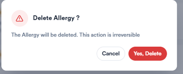 Confirmation prompt asking whether to delete the allergy