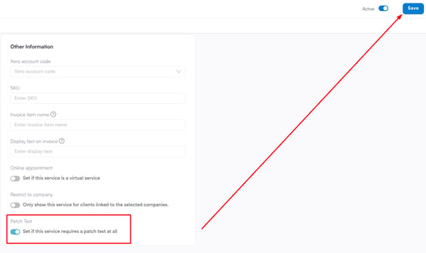 Saving the service after enabling the Patch Test toggle