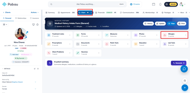 Allergies card on the EMR overview of the new Client Card