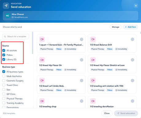 The Send education window with source, business type and send timing filters on the left