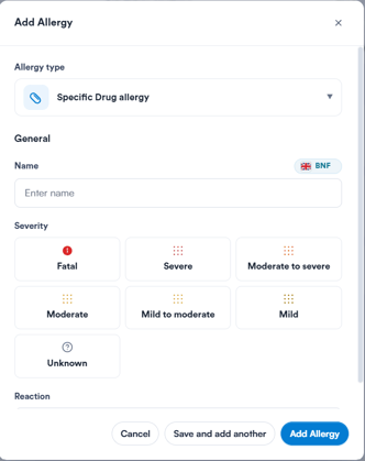 Add Allergy window showing the three allergy type options