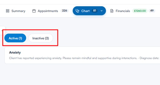 Active and Inactive tabs in the Client Problems section