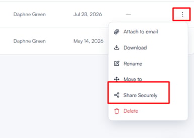 Three-dot menu on a document row with the Share Securely option