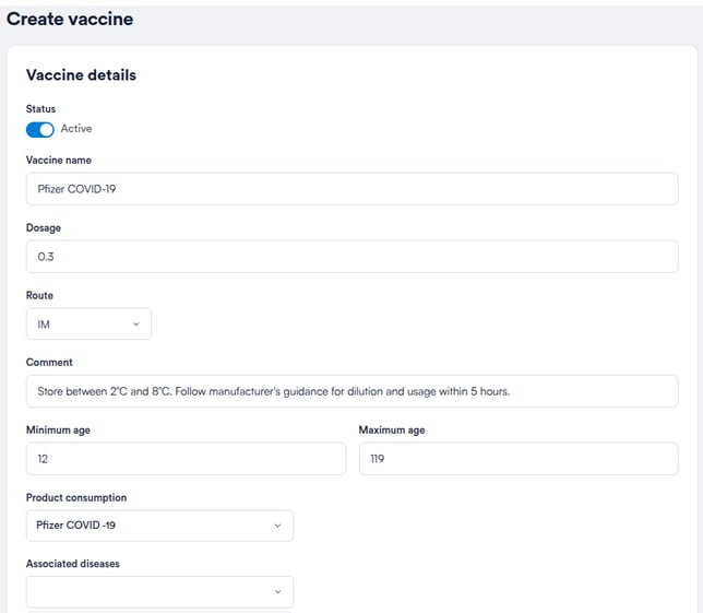 Create vaccine form with status, name, dosage, route and disease fields