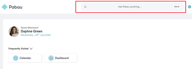 Search bar at the top of Pabau showing a client profile result