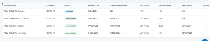 Vaccine records table with status badges and the Actions column