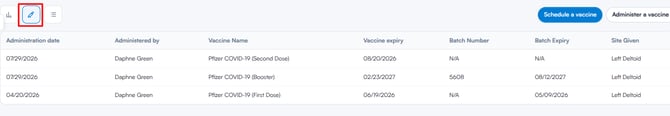 Vaccines administration list view showing administered doses