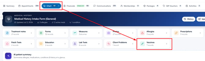 EMR section of the new Client Card with the Vaccines card highlighted