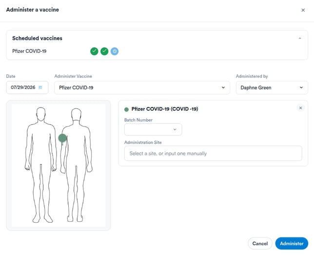 Administer a vaccine modal with the Scheduled vaccines panel and the Administer Vaccine dropdown open