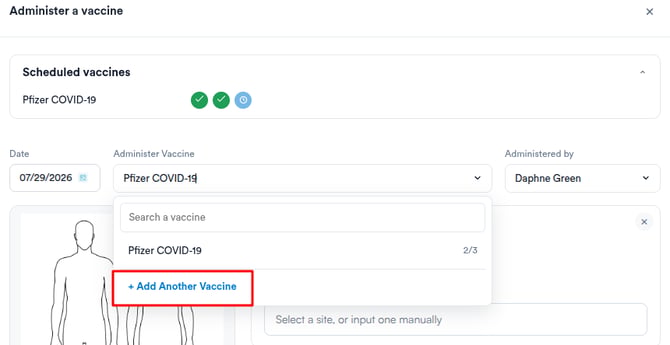 Add Another Vaccine option at the bottom of the vaccine dropdown