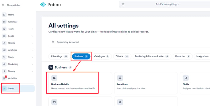Setup page with the Business Details tab under the Business section