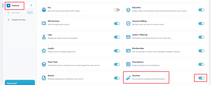 Features tab in Business Details with the Vaccines toggle enabled