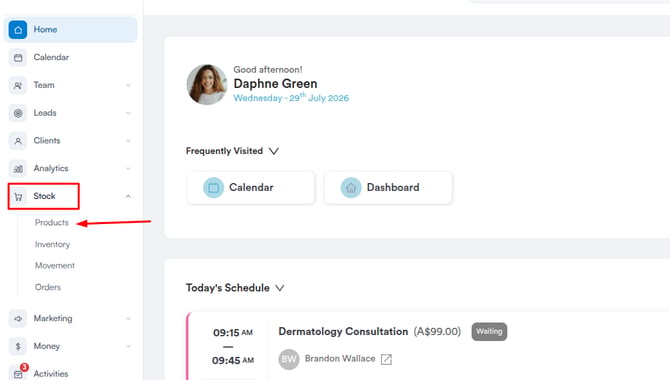 Stock menu expanded in the left sidebar with Products selected