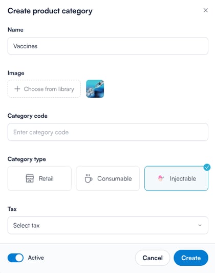 New Category window with name, category type and tax fields