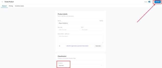 New Product screen with Vaccines selected as the category