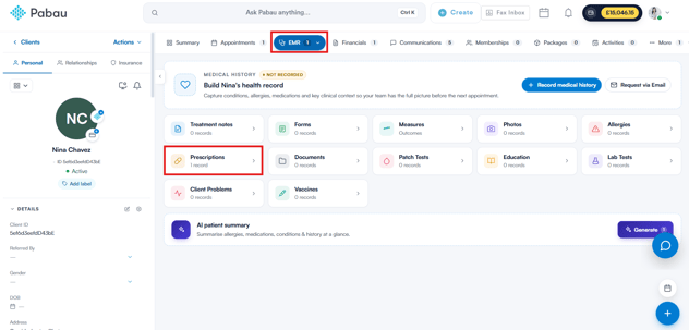 Prescriptions tab inside the EMR section of the new client card