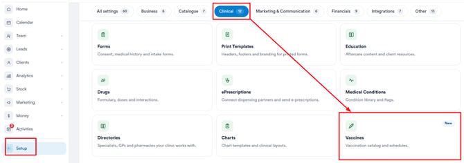 Setup page filtered by Clinical with the Vaccines card highlighted