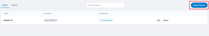 Diseases list with the Create Disease button in the top right corner