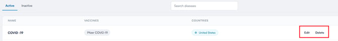Edit and Delete buttons on the right of a disease row