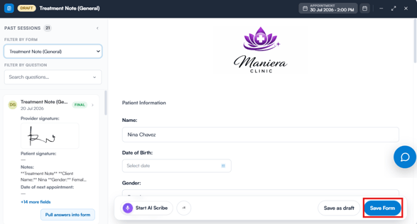 Save Form button at the bottom of the treatment note