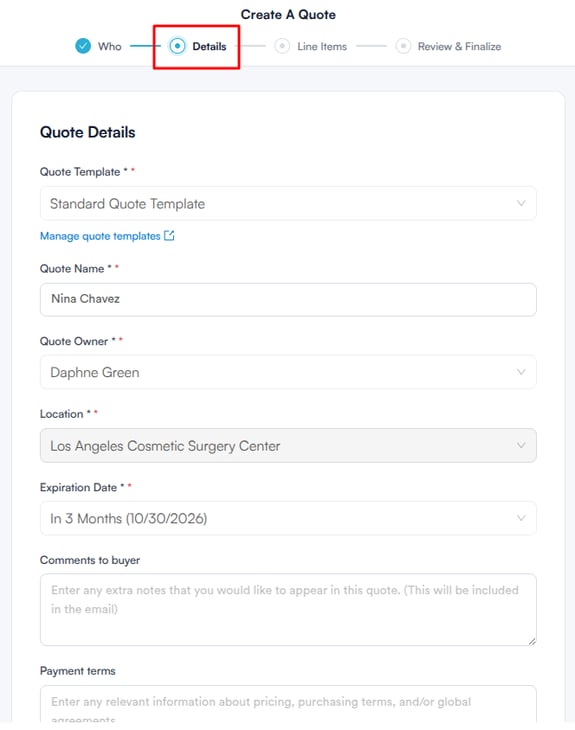 Quote Details step of the quote creation wizard
