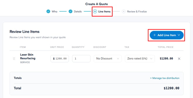 Line Items step showing the quote line items table