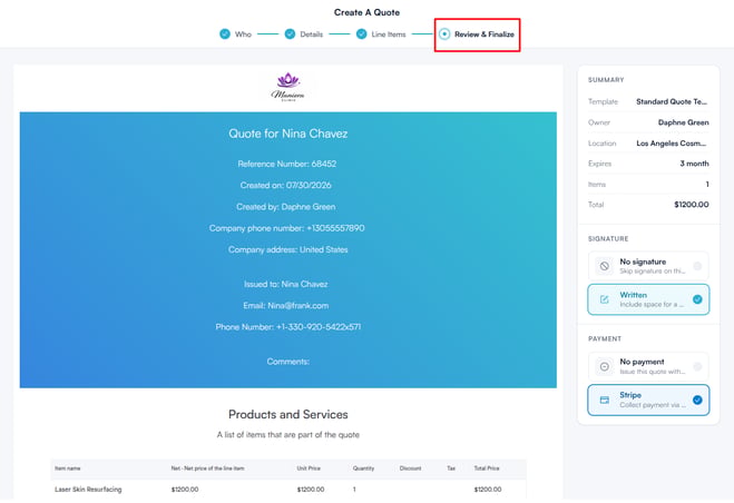 Review and Finalize step with the quote preview and Summary panel