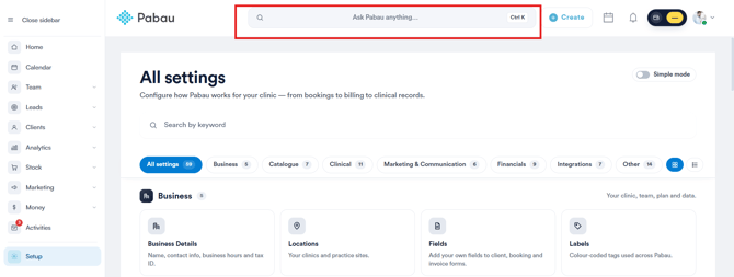 Searching for a client in the top search bar