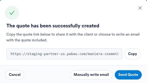 Quote created pop-up with a shareable link and Send Quote options