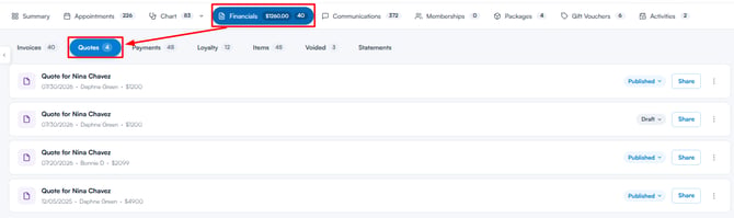 Quotes sub-tab under the Financials tab of the new Client Card