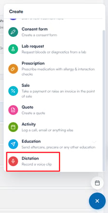 Dictation option in the Create menu
