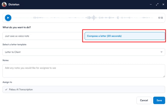 Choosing between saving as a voice note or composing a letter