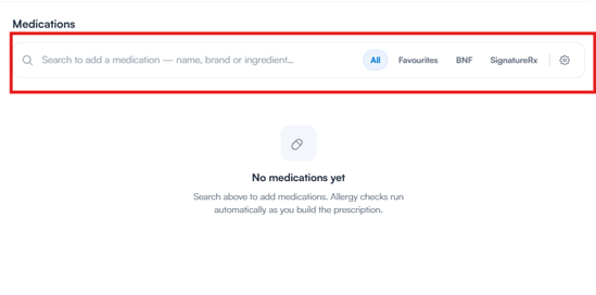 Searching for a medication with the source tabs above the results