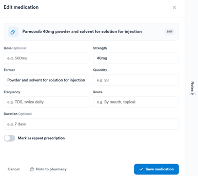 The Edit medication pop-up with dose, strength, format, quantity, frequency, route and duration fields
