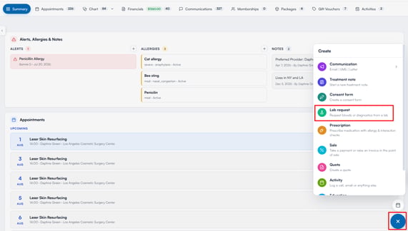 Create menu on the client card with the Lab request option highlighted