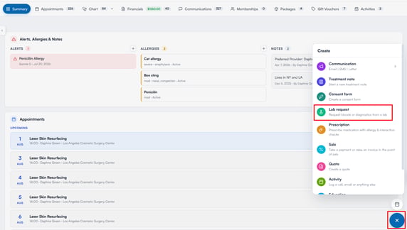 Create menu on the client card with the Lab request option highlighted