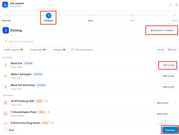 Catalogue step of the lab request wizard with search, filters and Add to plan buttons